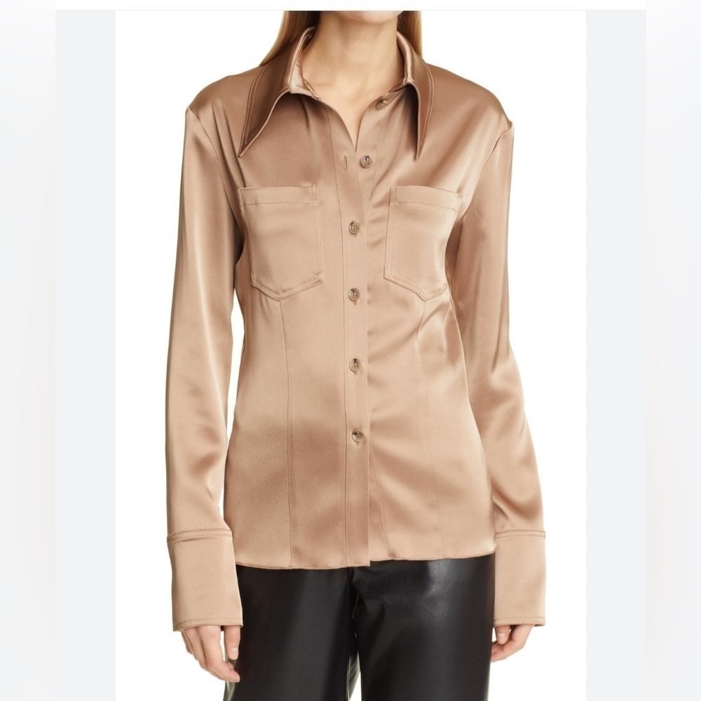 Nanushka Tippi Satin Long Sleeve Button-up Blouse in Sandstone size M